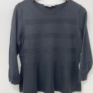 Black Loft Knit Sweater Textured Stripes Flared Peplum Waist Size M Long Sleeve